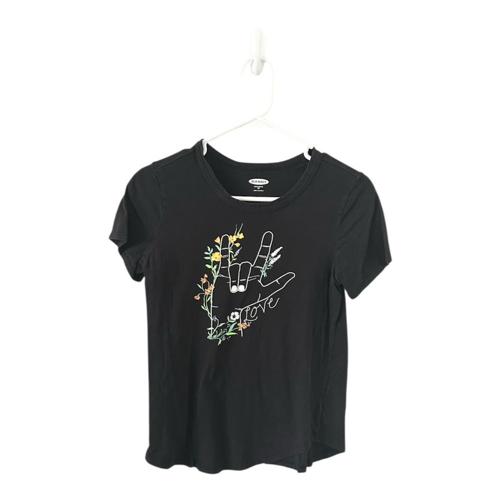 Old Navy Floral Black T-Shirt Sign Language I‎ LOVE YOU Size XS